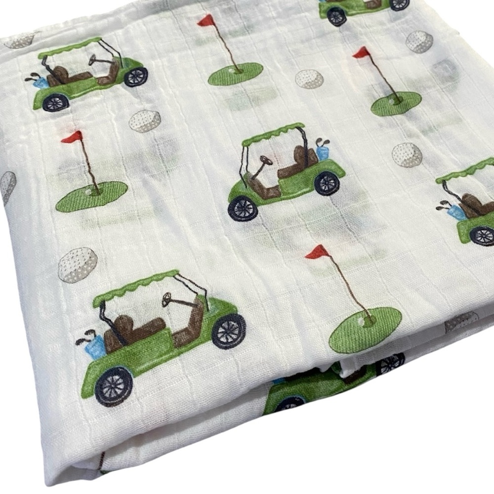Lolly Banks Muslin Swaddle Blanket Cotton Gauze Green White Golf Theme